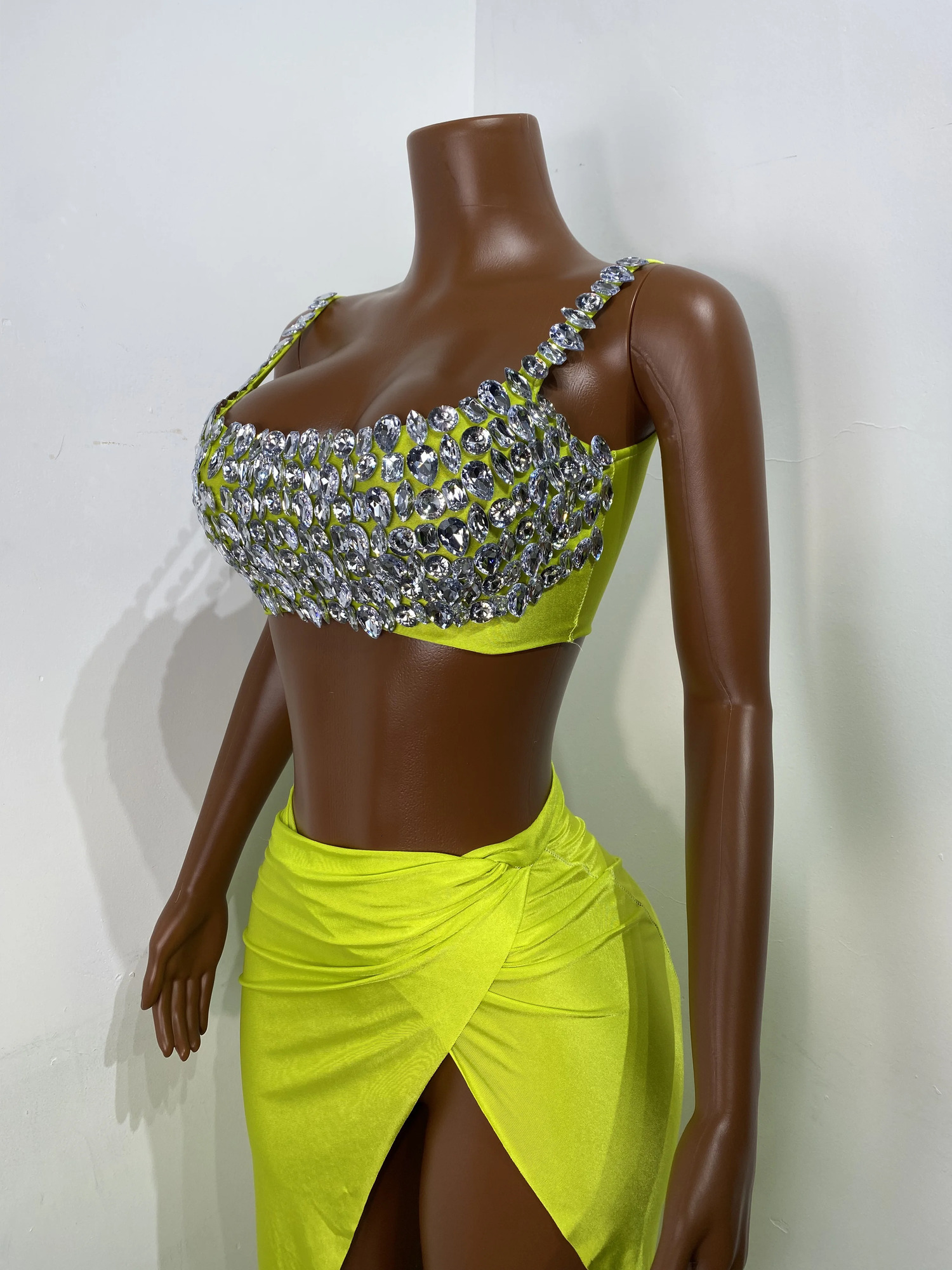 Women Tank Diamonds Crystal Green Blue Midi Split Skirt Set Birthday Party Costume Bar Nightclub Stage Performance Clothing 260306