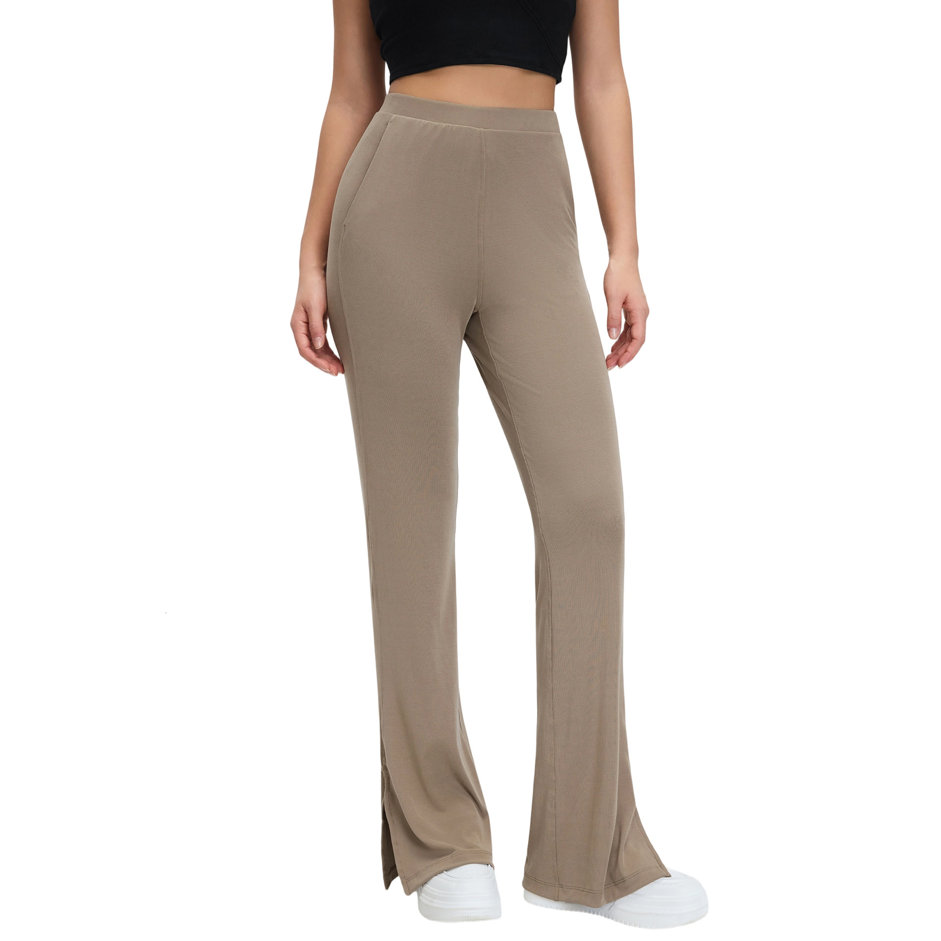 Sand-washed ribbed yoga for women, loose fit, slimming, wide-leg, slightly flared with side slits, sports and fitness long pants D26024