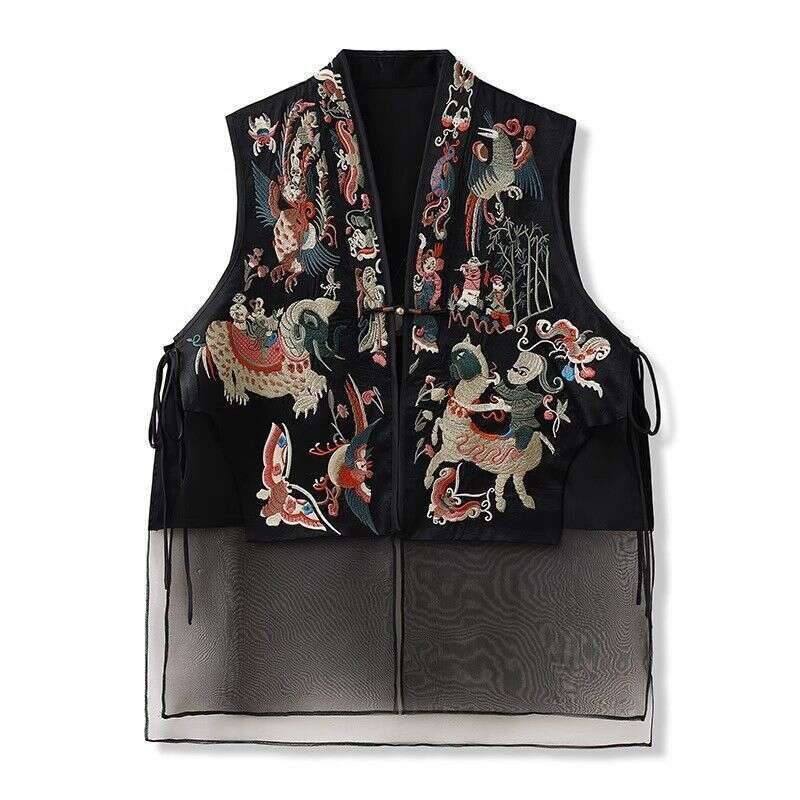 Mardi Hefxessdr Spring Summer Embroidered Heavy Work Mesh Women's Vest Chinese Style Top Outerwear Jacket Traditional National Design