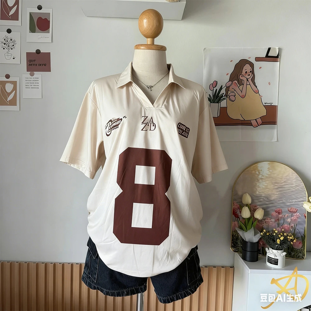 Summer Womens No8 Oversized Short sleeved Tshirt Street Y2K Fashion Leisure Sports Jersey Men Letter Printed Polo Shirt 260228