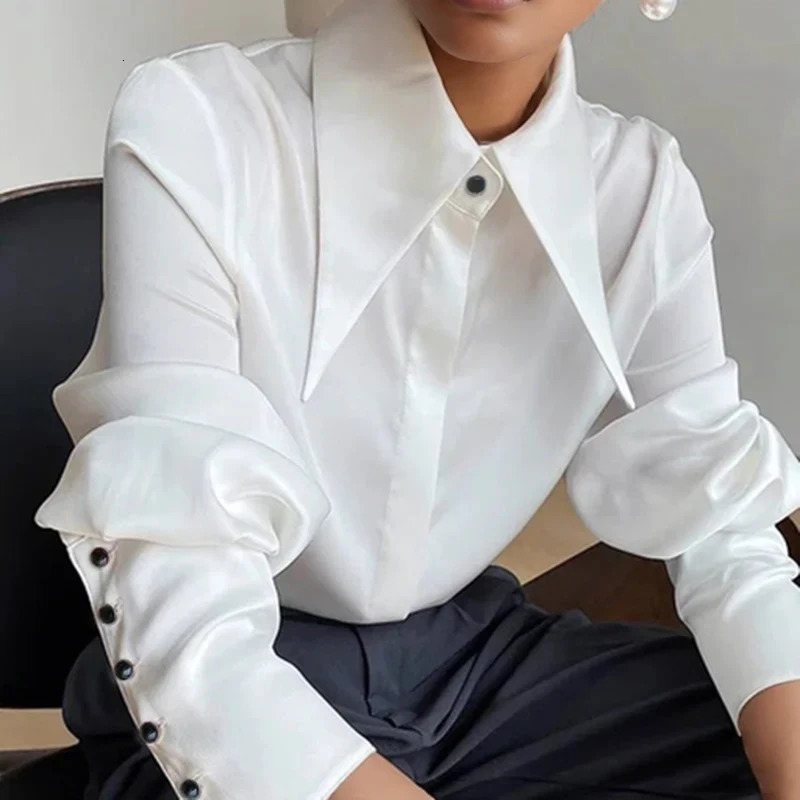 Fashion Vintage Satin Silk Shirt Women Elegant Turn Down Collar Blouse White Long Sleeve Ladies Shirts Tops Blusas 169 260228