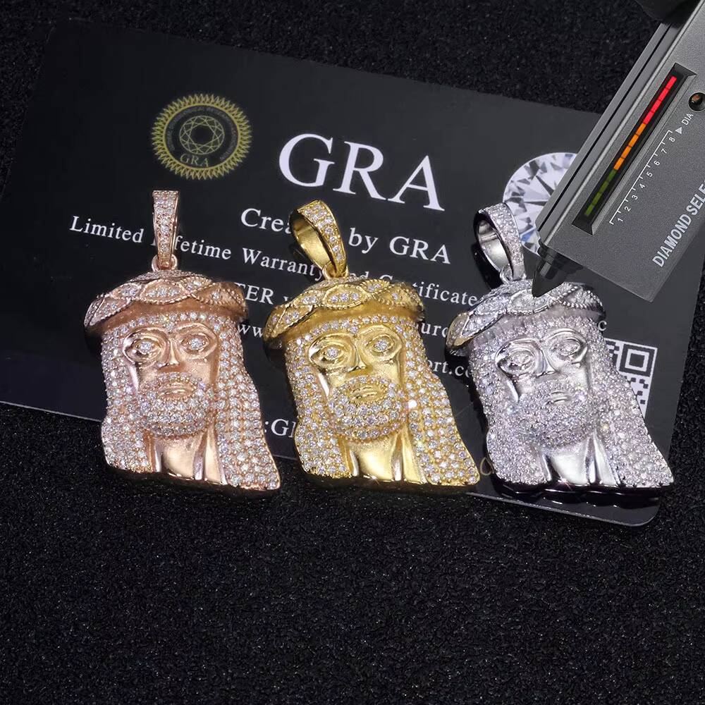 Fine Hip Hop Jewelry Men Christian 18K Gold Plated 925 Sterling Silver VVS Moissanite Brilliant Cut Iced Jesus Head Pendant