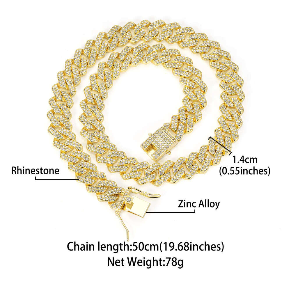Wang Yibo's same style 14mm diamond-shaped Cuban chain high-quality zinc alloy necklace hip-hop men's and women's bracelet wholesale