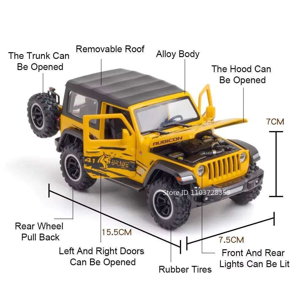 1:32 Wrangler Rubicon Diecast Off-road Vehicle Alloy Model Toys Car Doors Opened with Sound Light Pull Back Police Cars Kid Gift Z260306