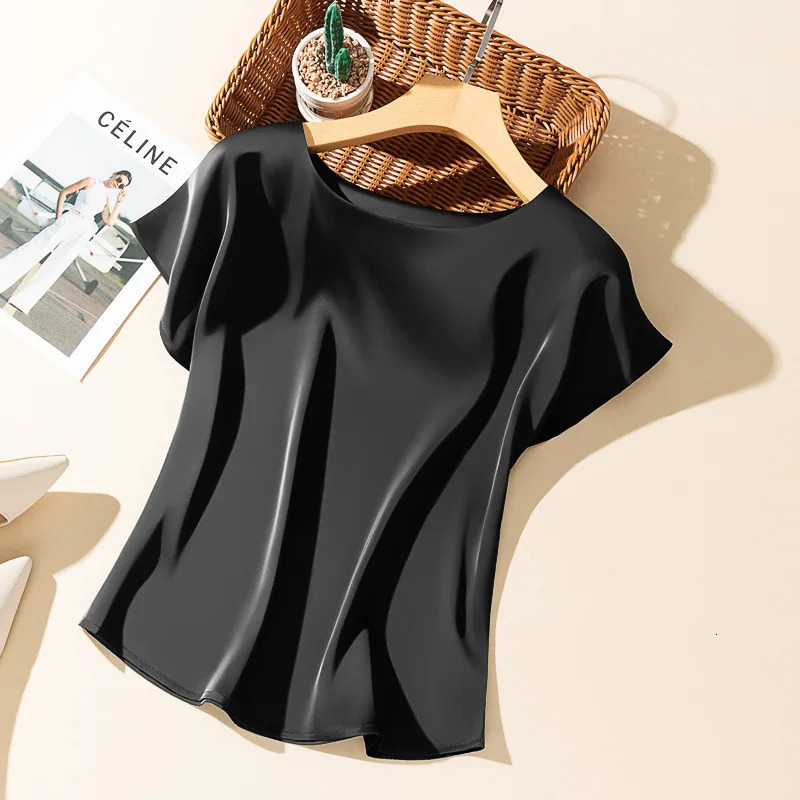Big Size Summer Silky Acetic Acid Satin Tshirt Round Neck Women Loose Top Lazy and Versatile Acetate 260306