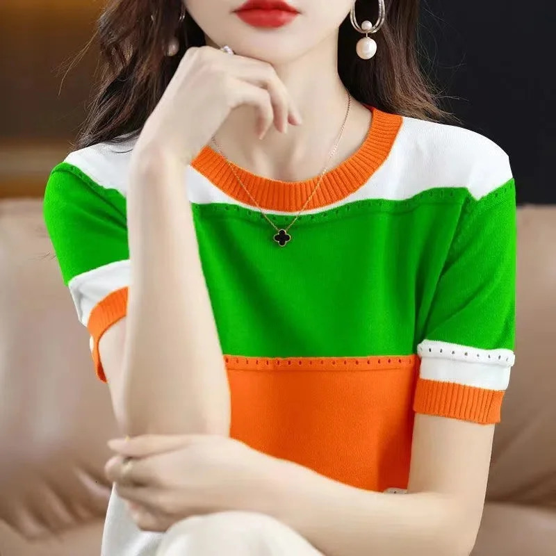 Summer Ice Silk Tshirt Shortsleeved Stripes Top Womens Round Neck Color Matching Hollow Loose Thin Knitted Sweater 260306