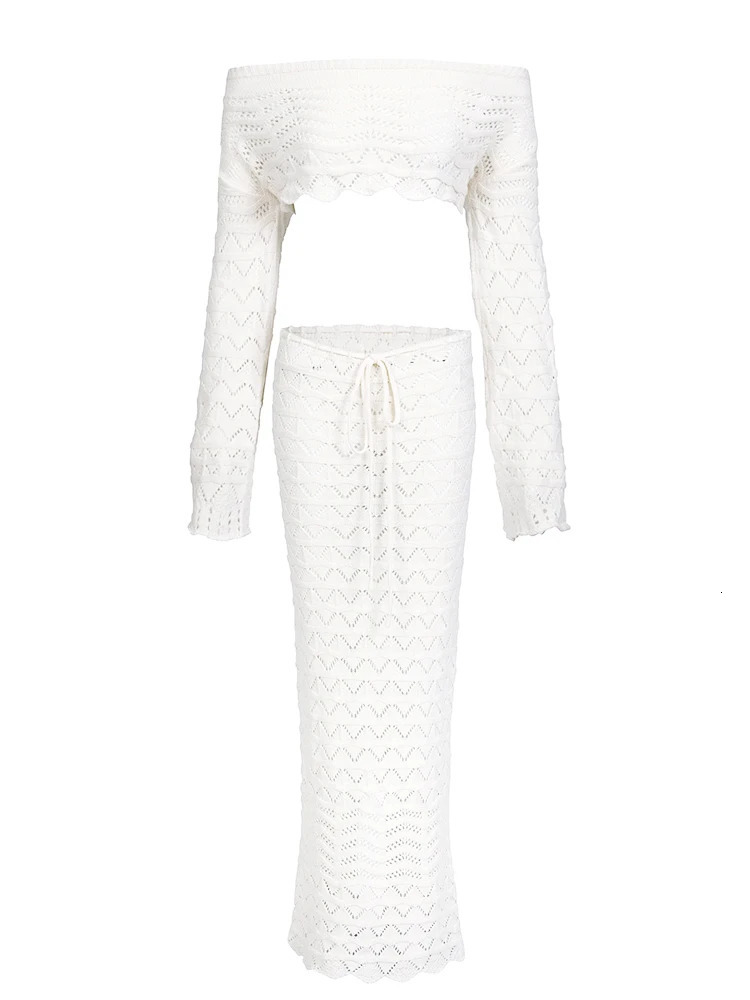 Sexy Knit Oneneck Long Sleeve Short Top Drawstring Half Skirt Beach Twopiece 2026 Women Summer Swimsuit Cover Up Chic Set K172 260228