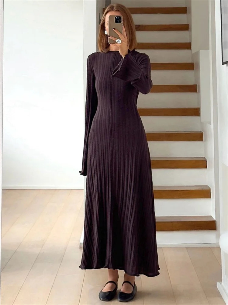 Tossy Knitwear Fashion Loose Maxi Dress Women Lace-Up High Waist Ribbed Long Sleeve Party Dress Female Knit Bandage Long Dress 260306