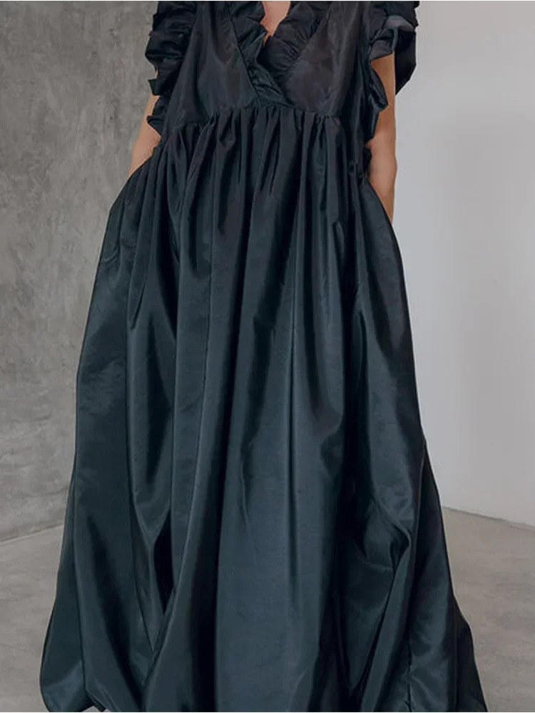 Elegant Womens Pleated Dress A-line Loose Ruffle Sleeveless Summer Casual Vintage Fashion V-Neck Summer Dress for Female 260306