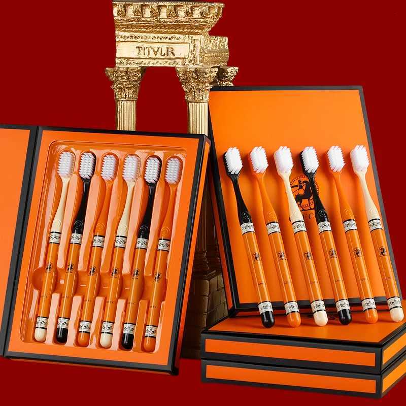 High-end Orange Equestrian Toothbrush 6-Piece Gift Set - Soft Bristle Adult Oral Care for Home UseT260307