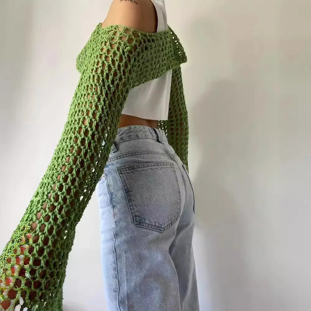 Long Sleeve Crochet Crop Top Summer Knit Hollow Out Mesh Cover Ups Womens Y2k Tops Pullover Streetwear 260306