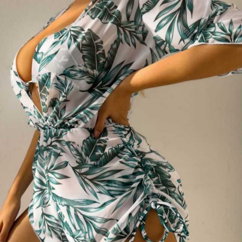 Women's Swimwear New Three-Piece Bikini Set Leaf Print Waist-Tie Fashion Long Sleeve Beach Sun Protection Swimsuit