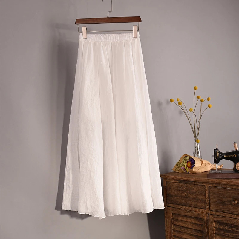 Vintage Solid Pleated Long Skirts Cotton Linen Maxi Skirt for Women Summer Elastic Waist Girls Boho Beach Skirt A-Line Skirt 260306