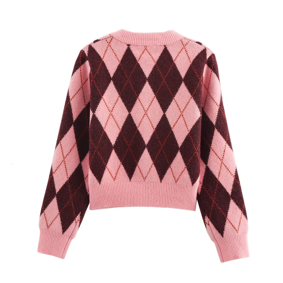 Women Argyle Jacquard Cardigan Chic Casual Knitted Cardigans For Elegant Sweater Long Sleeve Knitwear Coat 5755011 260306
