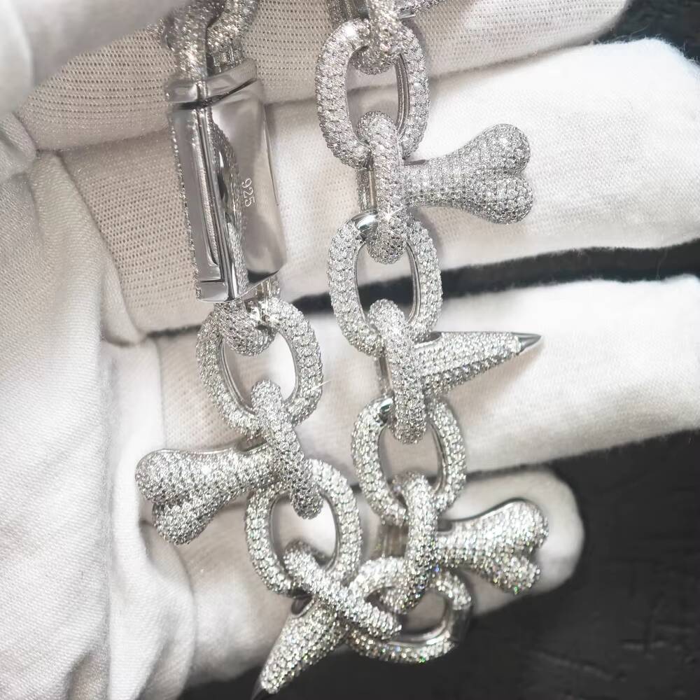 20MM Silver Heart Bone Spike Iced Out Chain Bracelet Punk Rivet Choker Bling Moissanite Mens Hip Hop Necklace Jewelry Party