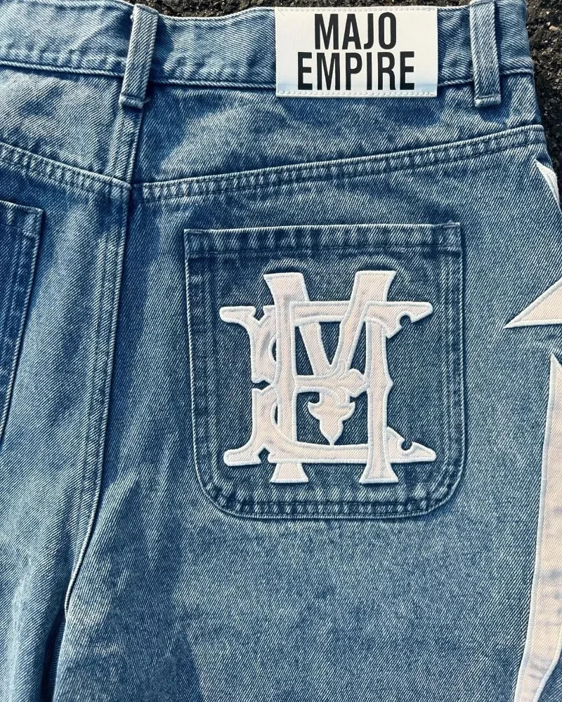 American fashion trend Street style wide-leg Jeans for men Y2k embroidered baggy jeans Goth punk High street casual shorts 260306