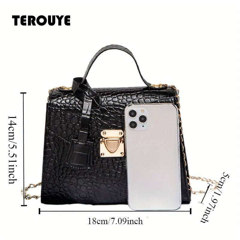 Chic Crocodile-Embossed Mini Handbag Solid Color Twist Lock Closure Handbags Tote Bag For Women Purse TEROUYE
