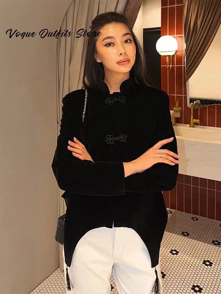 Vintage Velvet Waist Cinching Frog Button Jacket Women Slim Stand Collar Buckle Coat 2026 Spring Lady Chic Street Outerwear 260306