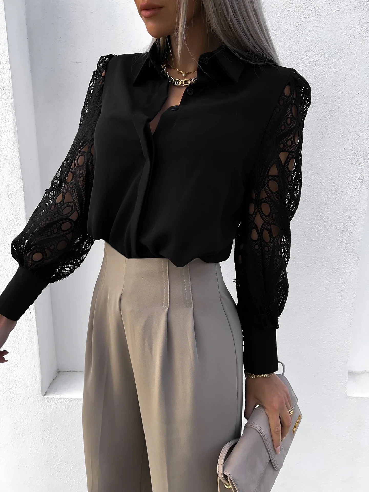 Women Elegant Solid Chiffon Blouse Spring Summer Casual Long Sleeve V Neck Loose Shirt Office Lady Tunics Oversized Tops2024 260228