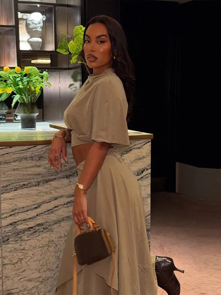 Solid Loose Casual Top Midi Skirt Set High Neck Batwing Sleeve Tops Asymmetrical Bottoms 2026 Spring Cozy Elegant Women Suit 260306