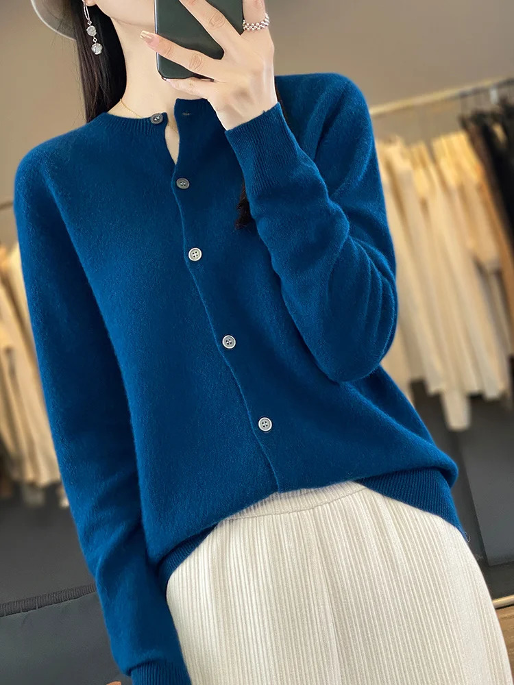 100 Merino Wool Sweater Women O-Neck Cardigan Basic Style Buttoned Knitwear Female Casual Autumn Winter Soft Tops 260305