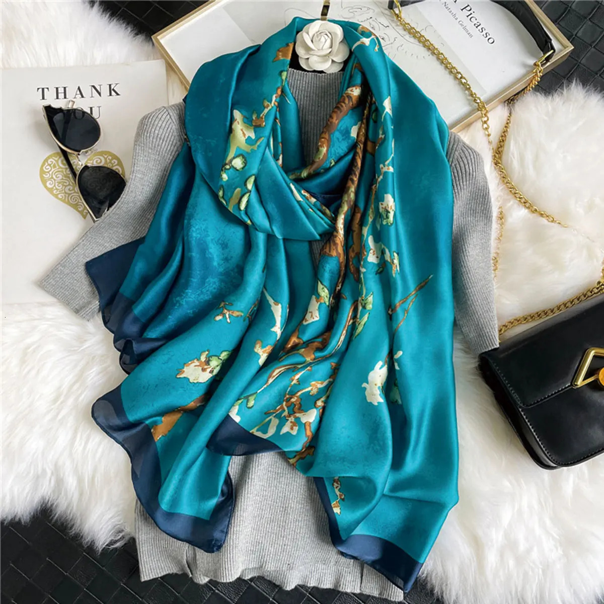 1 pcs 180x90cm Elegant Spring Autumn Silk Scarf Plum Blossom Print Long Shawl Fashionable Trendy Warm Necktie for Women 260302