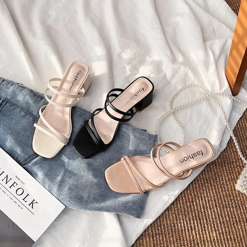 Women Sandals Ladies Square Heels Elegant Summer Slippers Outside Cross Tied Leather Female Slides Fashion Woman Sandals 260306