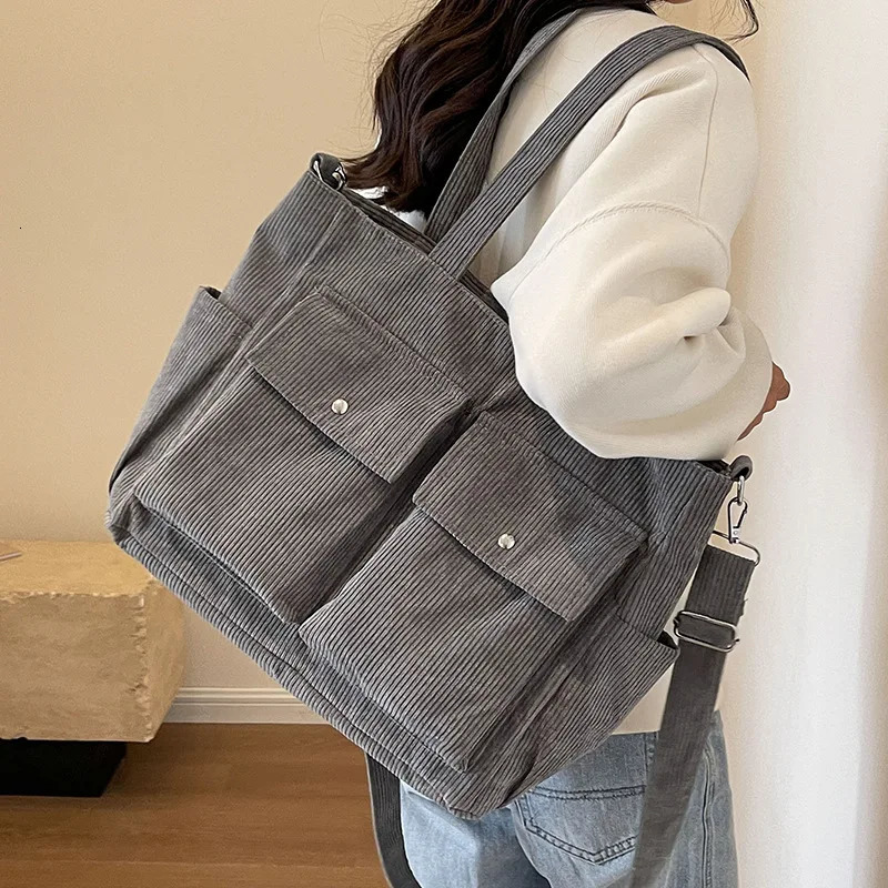 Large Capacity Corduroy Shoulder Bag For Women Simple Casual Multi-pocket Womens Handbag For Commuting and Shopping 260306