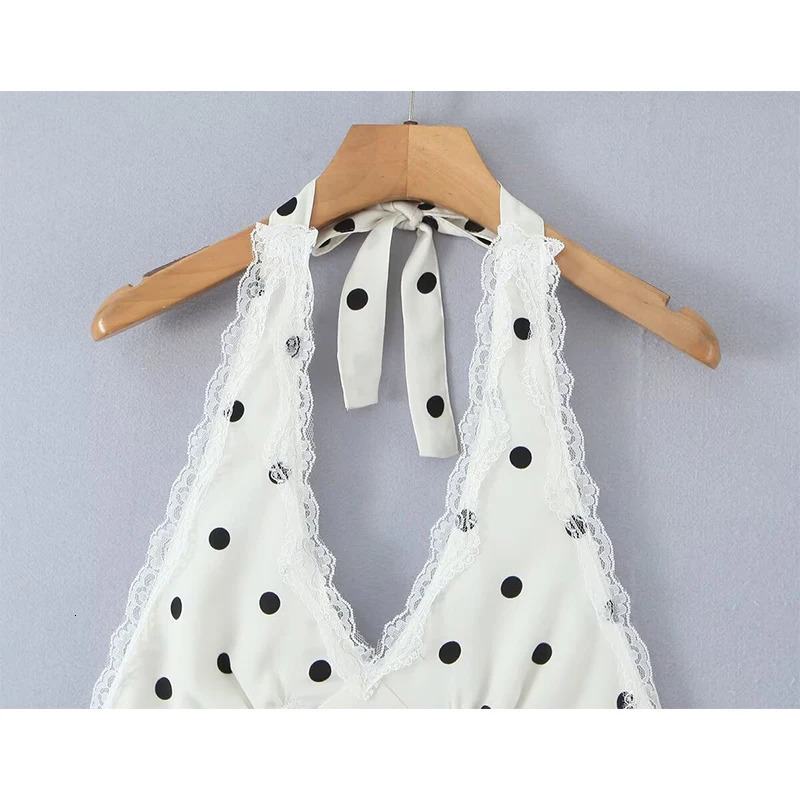 YENKYE Lace Spliced Polka Dot Halter Dress Women Elegant A-line Mini Sexy Backless Dresses Summer Robe 260306