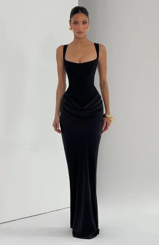Solid Pleated Sling Dress Women Square Neck Sleeveless Offshoulder Waist Cinching Slim Dresses Lady Evening Party Gowns 260306