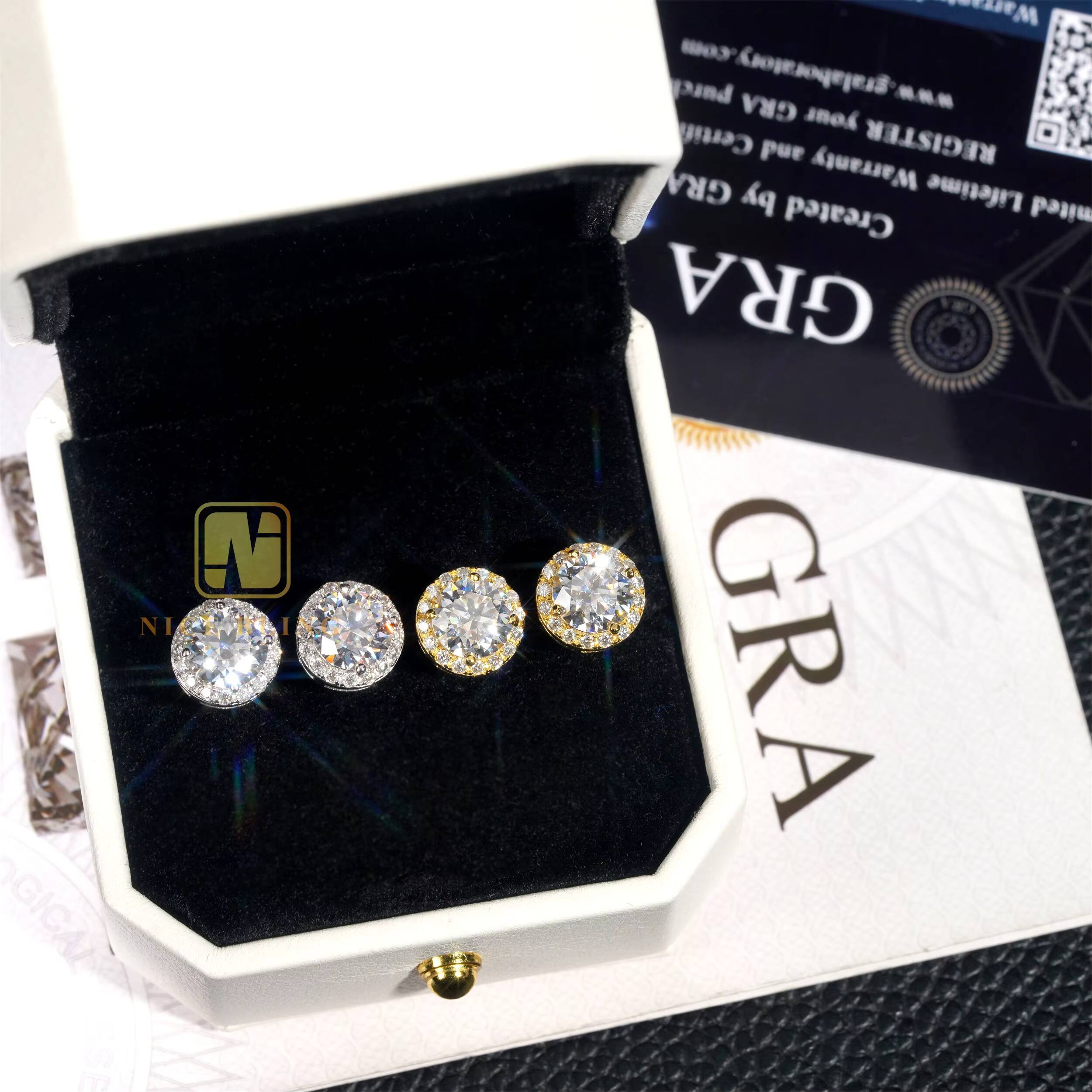 Hip Hop Moissanite Jewelry Halo Setting 75mm Sterling Silver S925 D Color VVS Moissanite Stud Earrings for Men Women