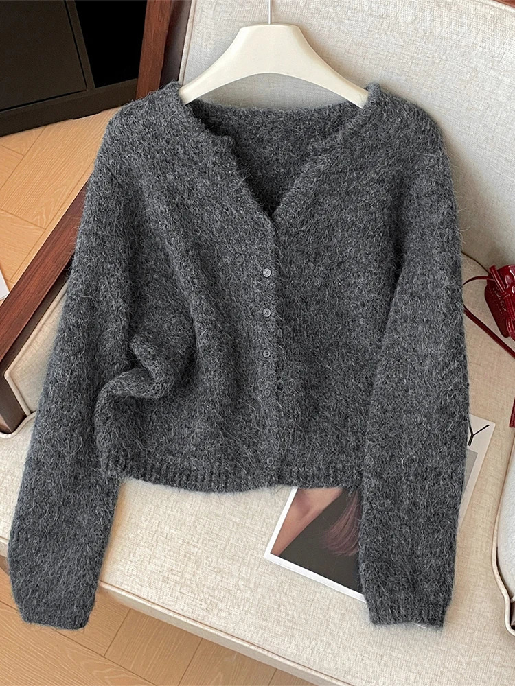 Women Beige Cardigan Cozy Sweater Harajuku Vintage Korean Y2k Long Sleeves V-Neck Cashmere Sweaters Jumper 2000s Clothes Autumn 260305