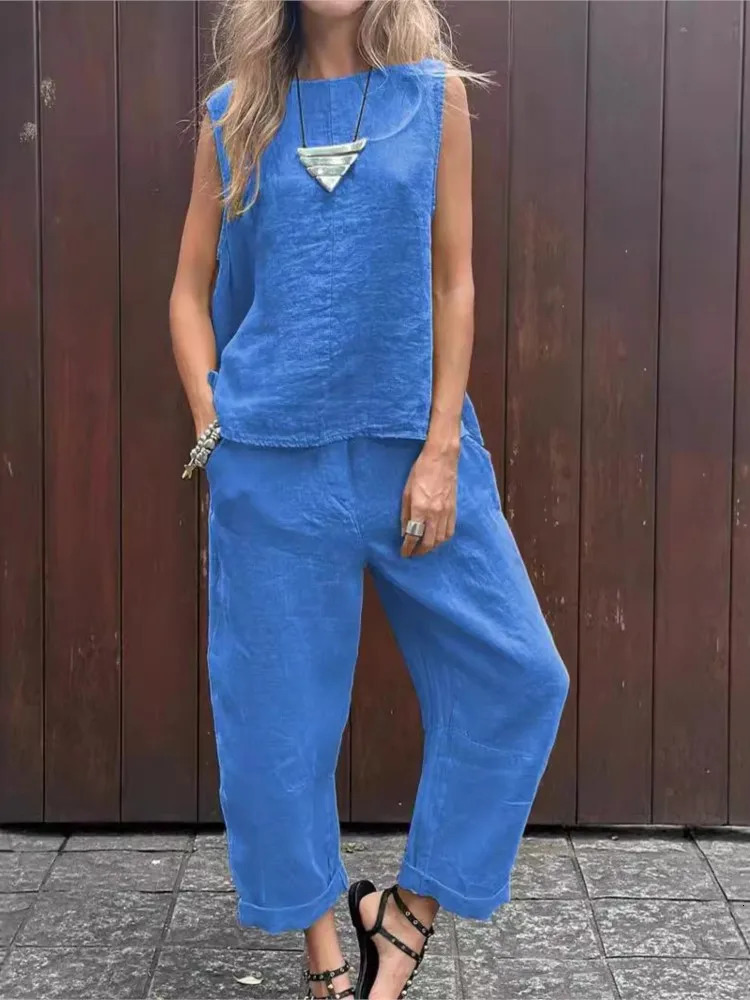 Summer Cotton And Linen Casual Outfits Female Fashion Solid Color Two-piece Set For Women Sleeveless Top Trousers Womens Suit 260304