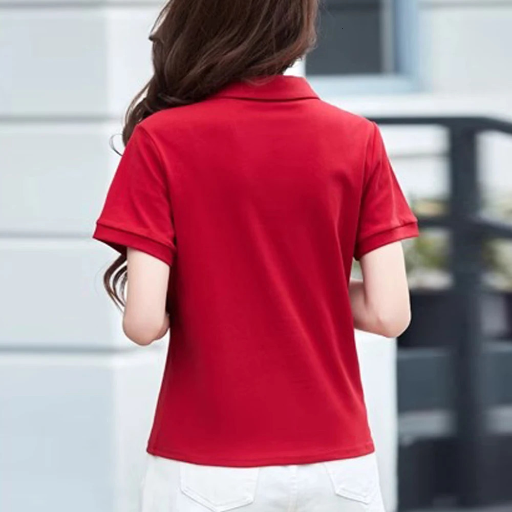 European Station Polo Neck Short sleeved Tshirt Womens Summer Fashion Light Loose Large Cotton Vneck Casual Top 260228
