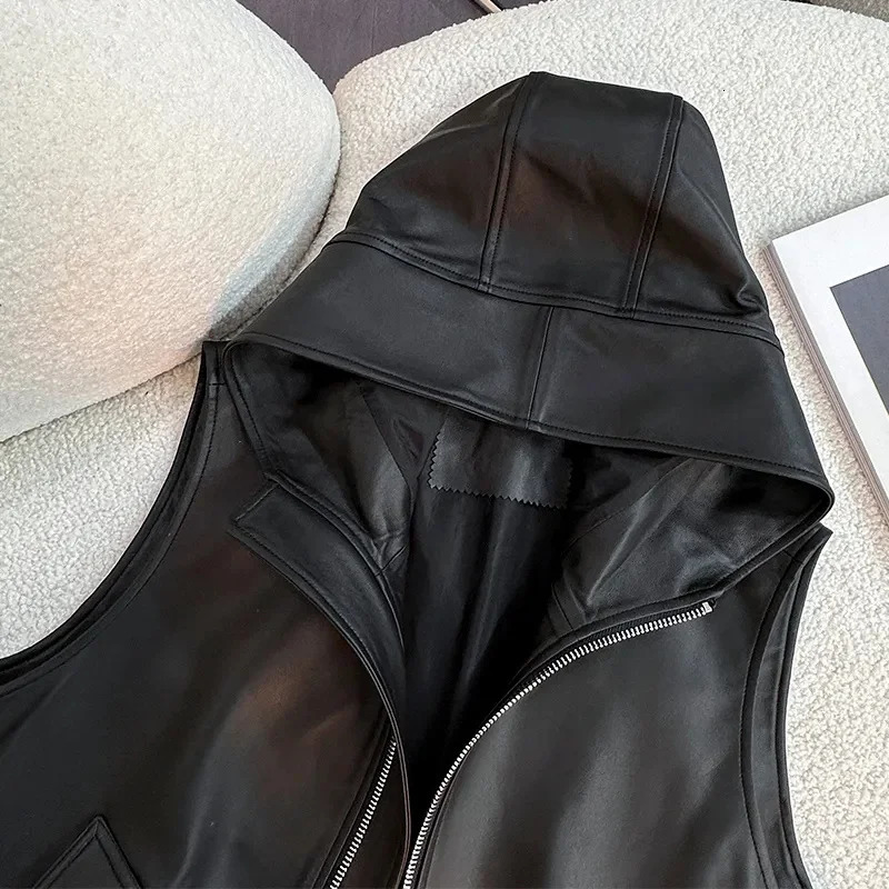 Autumn Ladies Large Size 4XL Zipper PU Leather Vest European Women Hooded Thin Waistcoat Female Short Faux Sleeveless 260306