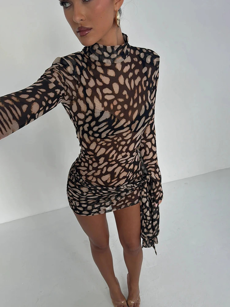 Fantoye Turtleneck Sexy Sheer Print Leopard Bandage Women Dress Long Sleeve Mini Dress Lady Spring Slim Elegant Party Club Dress 260306