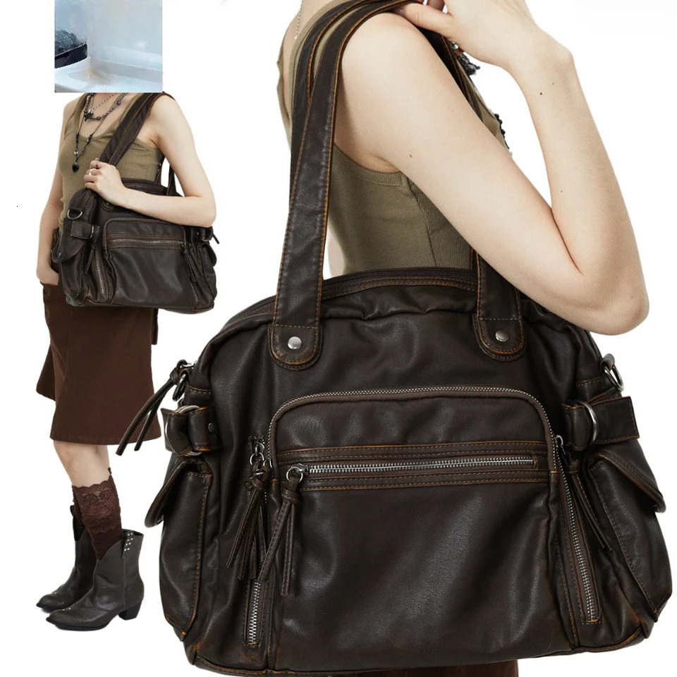 Retro tote bag motorcycle bag soft PU leather large capacity shoulder bag Y2K punk multi pocket crossbody bag 260303