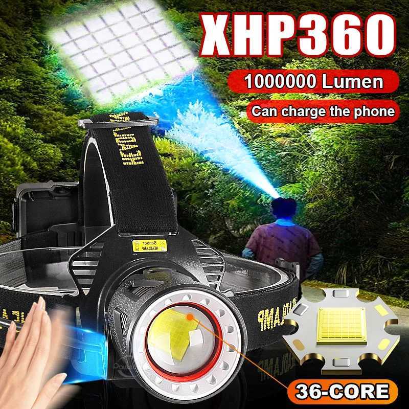 1000000LM XHP360 IR Sensor Led Headlamp Head Flashlight Type-c Recharge Front Head Light Powerful Head LED Light Fishing Lantern H260307
