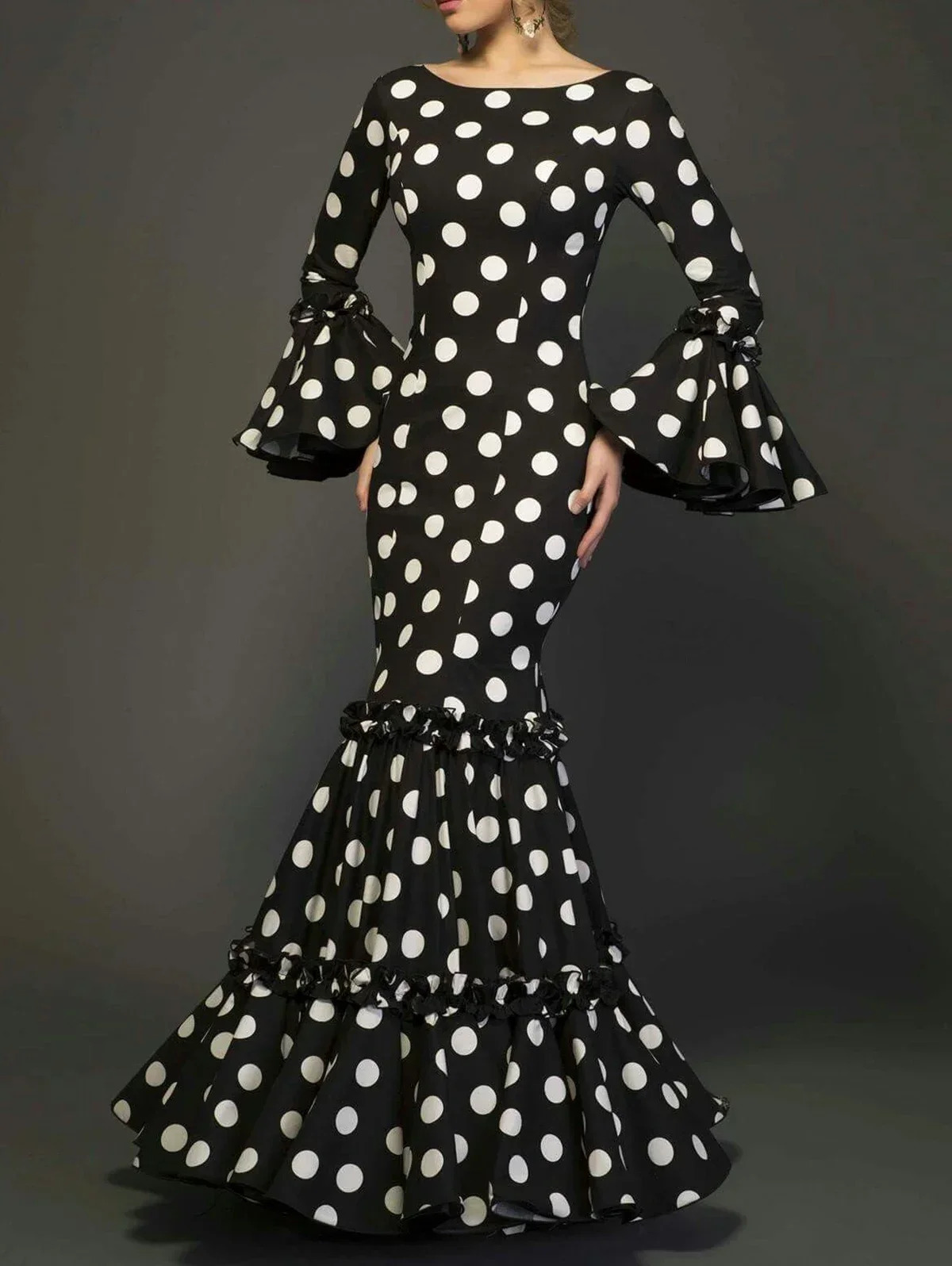 Elegant Party Long Dress Women Polka Dot Printed Ruffle Hem Sundress Bohemian Casual O-neck Flare Sleeve Slim Maxi Robe 260304