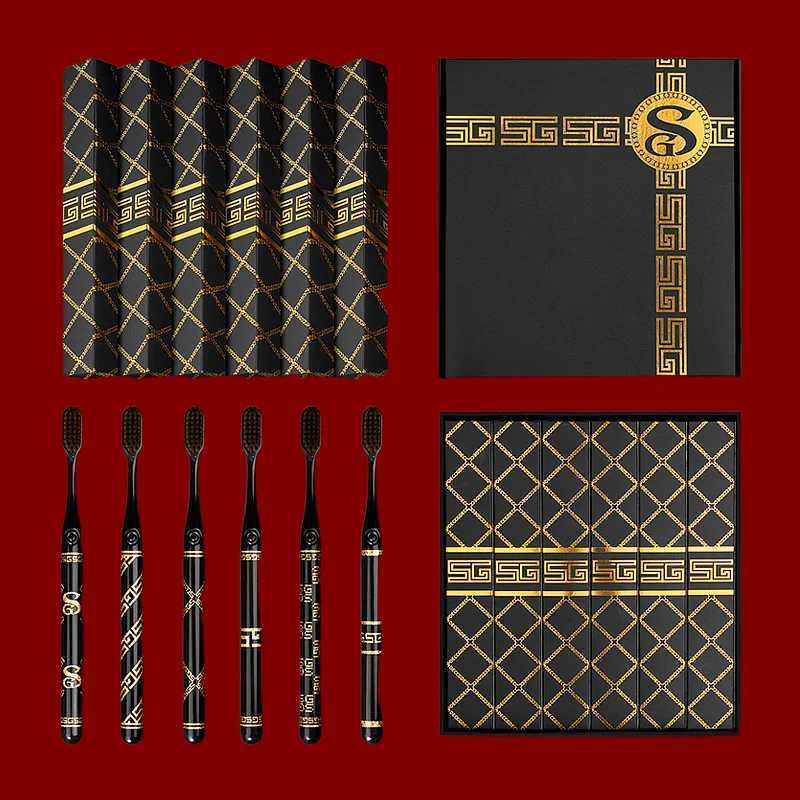 This high-end gift box toothbrush set features a black and gold light luxury design and a wide head, making it ideal for adult couples and family home
