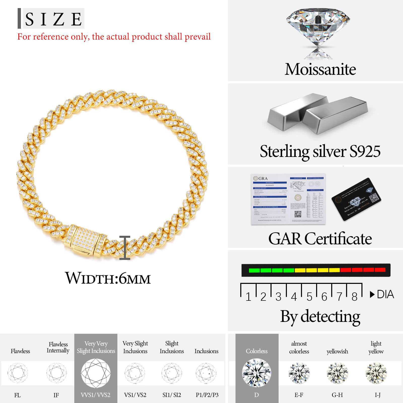 Dropshipping Spot Delivery 925 Sterling Silver Hip Hop Jewelry VVS Moissanite 6mm Iced Out Cuban Link Chain Bracelet