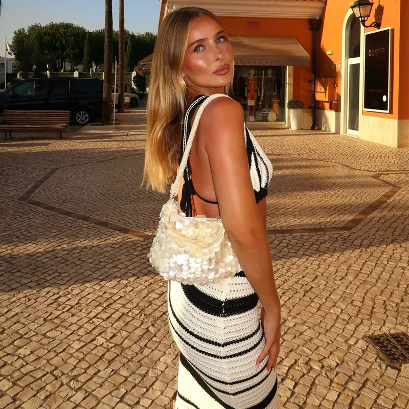 Knitwear 2 PieceSet Striped Maxi Skirt Female Bustier Bandage And High Waist Long Sets Fashion Summer Women Outfits 260306