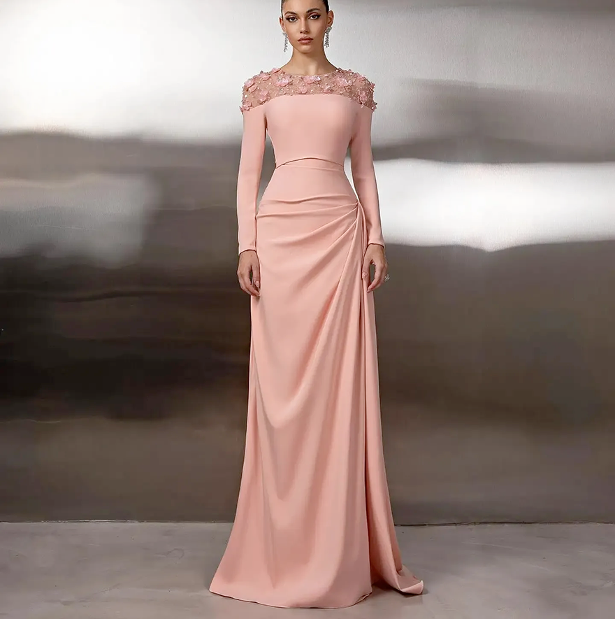 Elegant Chiffon Prom Party Dress 2026 Sheer O-neck 3D Flowers Lace Long Sleeves Evening Birthday Formal Gowns Pageant Dresses Robe De Soiree BC821