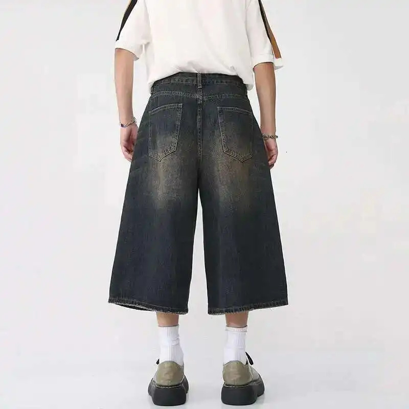 IEFB Korean Style Vintage Mens Jeans Summer Loose Male Wide Leg Knee Length Shorts Washed Fashion Short Denim Pants 9A8825 260306
