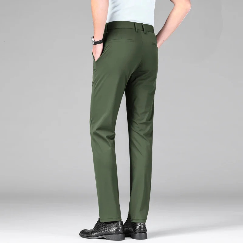 Summer Mens Ice Silk High Stretch Business Suit Pants Male Army Green Blue Elastic Formal Office Straight Formal Trousers 260306