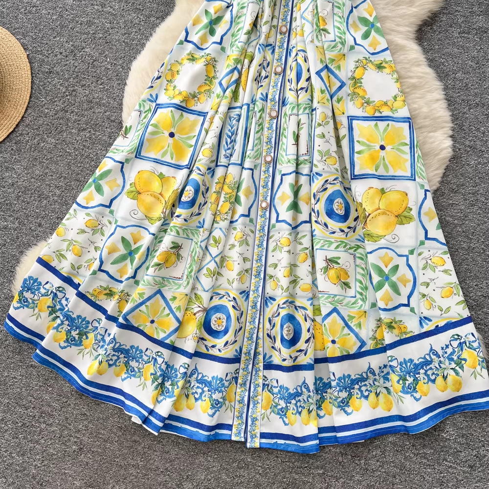 Resort Style Sleeveless Turn-Down Collar Printed Dress For Women Summer Korean Version Tie Waist A-Line Long Dress Elegant And Chic