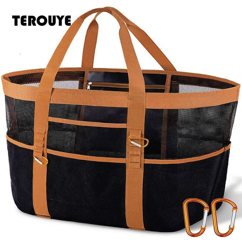 Large Ladies Colour-Blocked Foldable Mesh Tote Lightweight Spacious Beach Bag For Sunbathing Gym TEROUYE