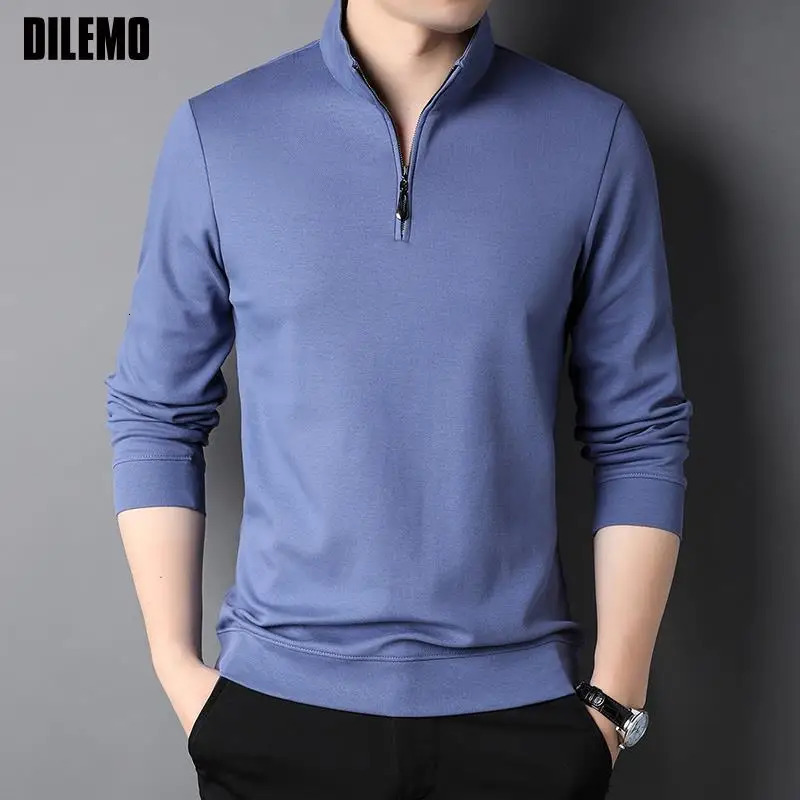 Top Grade Fashion y Zipper Polo Shirt Men Casual Plain Korean Solid Color Long Sleeve Tops Mens Clothing 260302