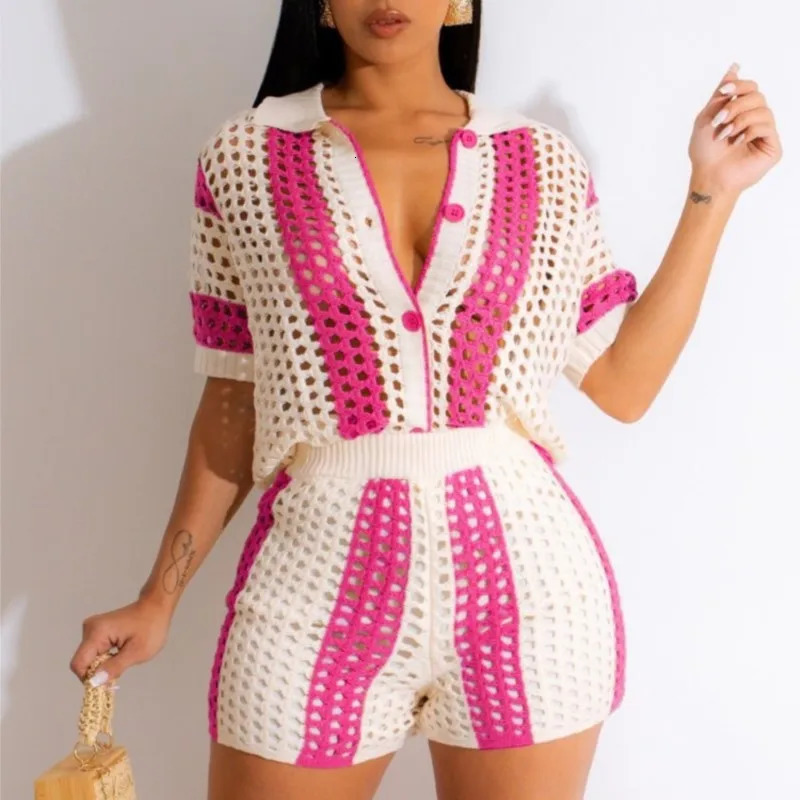 Womens Two Pieces Set Knit Ribbed Crochet Patchwork Outfits Short Sleeve Shirt Sweater Suit Outfit Tracksuit 260306