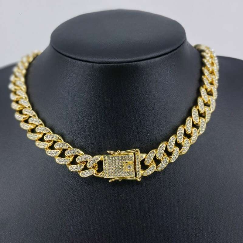 European American alloy men's Cuban chain, fully studded with diamonds, quality, 12mm, hip-hop style, cross-border wholesale, cool and high quali